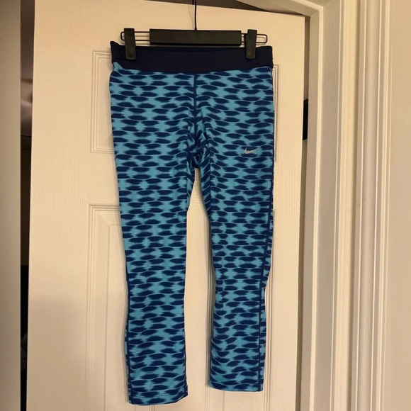 Nike Dri Fit Leggings Womens Small Capri Blue Print Pull On Drawstring Workout - Picture 1 of 6